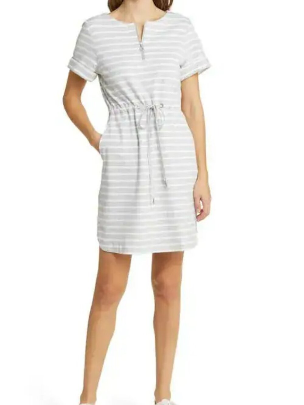 Tommy Bahama Gray and White Striped Drawstring Short Sleeve Dress Small Like New